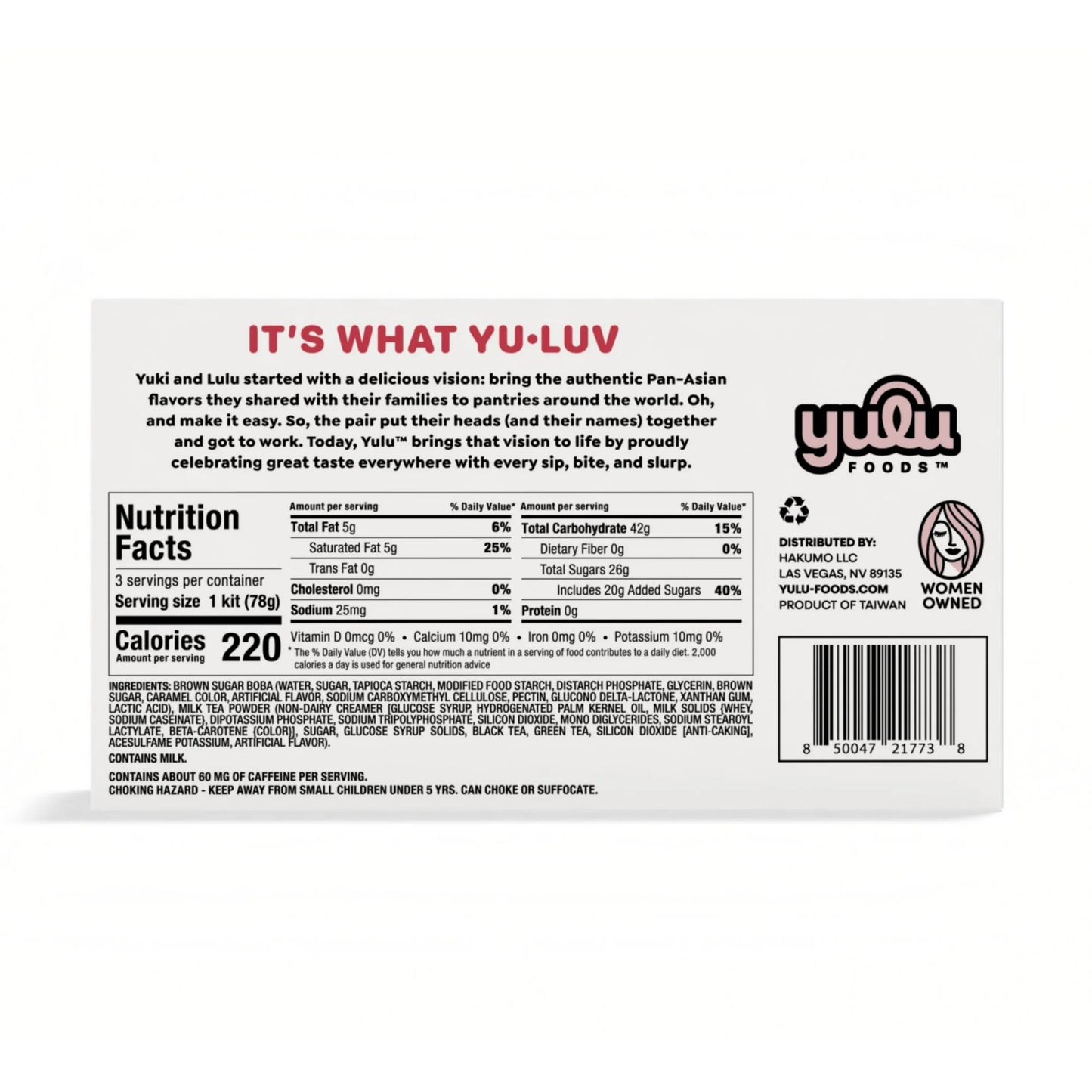 Yulu Té con Leche Clásico Boba Instantáneo, Kit de Té de Burbujas, 3 Bebidas