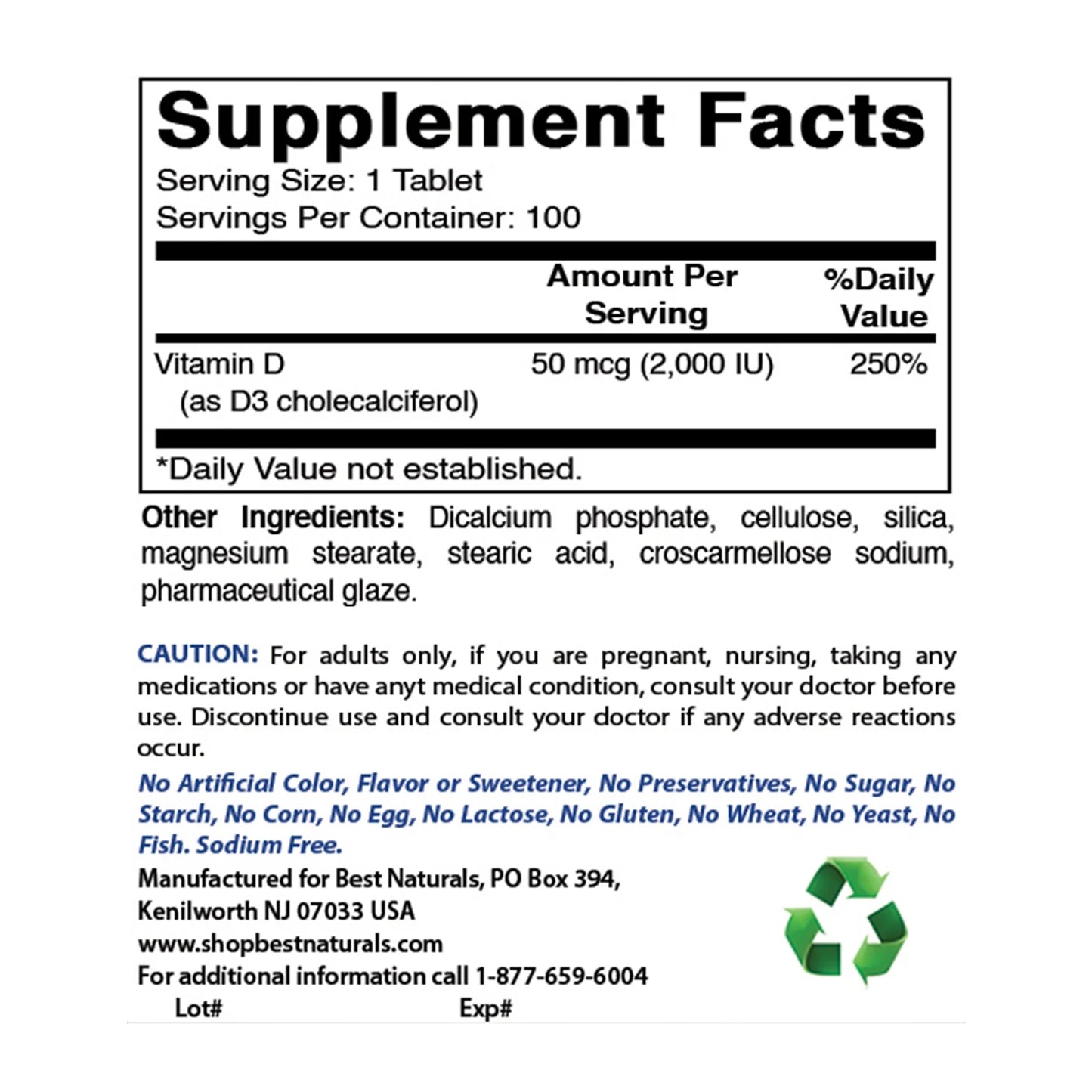 Best Naturals Suplemento de Vitamina D3 50 mcg (2000 IU) 100 Tabletas Apoya la Salud Inmune, Huesos y Dientes Fuertes y la Función Muscular