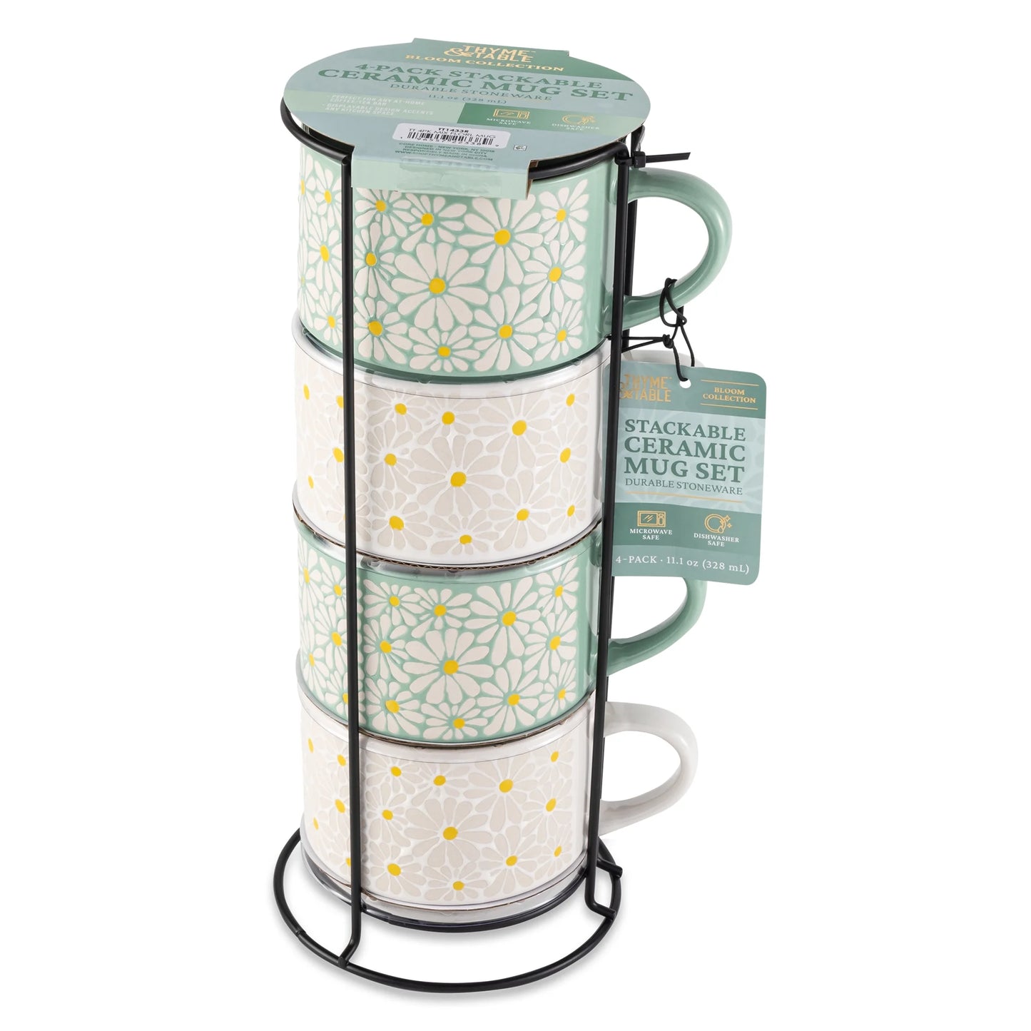 Thyme & Table Paquete de 4 Blancos Apilables and Verde Floral Mugs 11.1 fl oz, Gres