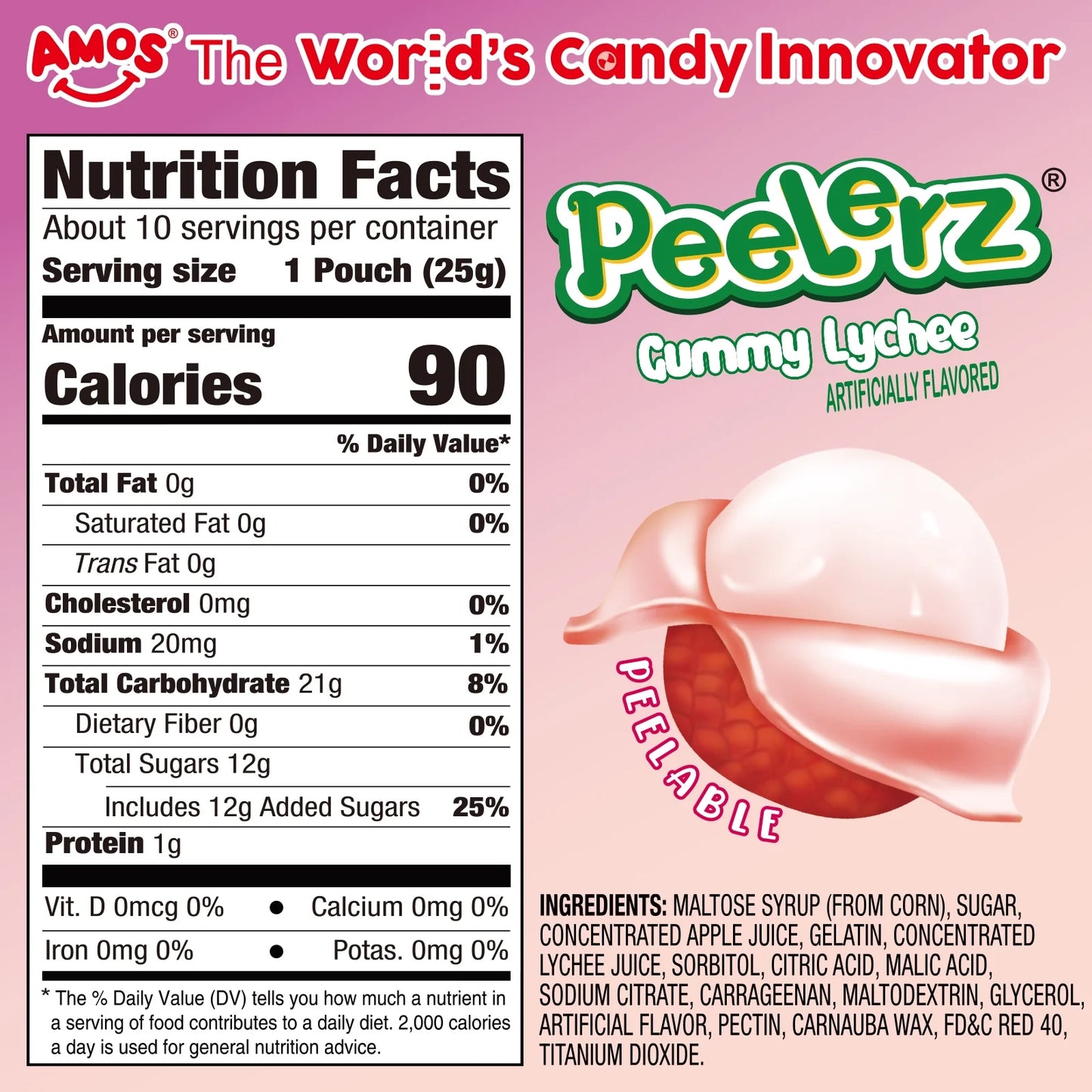 Amos Peelerz Gummy Soft & Chewy Shareable Pack, Lychee Flavor Peelable Gummy 8.47 oz (1 Pack)