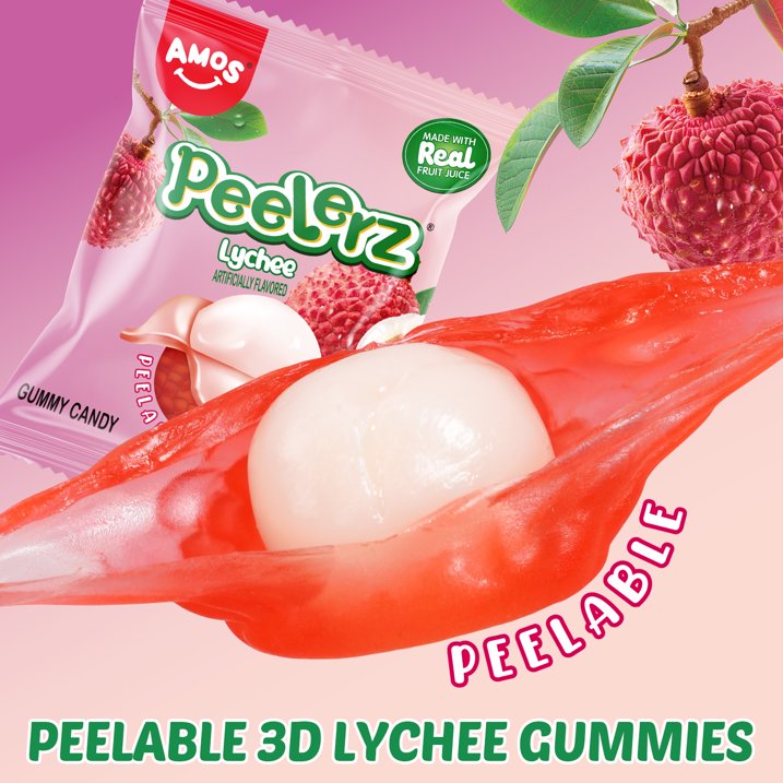 Amos Peelerz Gummy Soft & Chewy Shareable Pack, Lychee Flavor Peelable Gummy 8.47 oz (1 Pack)