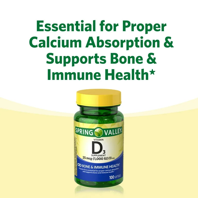 Spring Valley Vitamina D3 Cápsulas Blandas de Suplemento Dietético para la Salud Sea E Inmune, 25 Mcg, 100 Unidades
