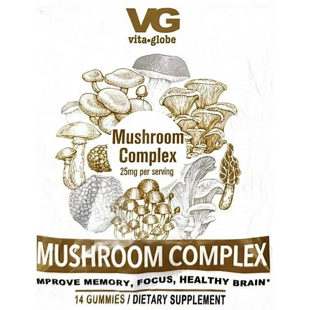 Complejo de Hongos VG 25 Mg por Porción, Paquete de 14 Gomitas Que Mejoran la Memoria y Concentran el Cerebro Saludable Vita Globe