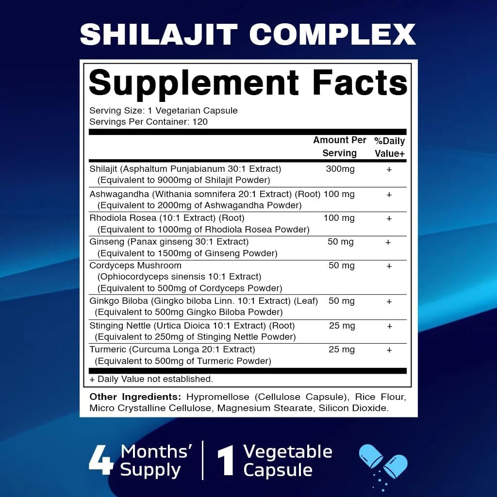 Cápsulas Vitamatic Shilajit Complex, Equivalente a 9000 Mg, con Ashwagandha, Rhodiola, Ginseng, Cordyceps, Ginkgo, Nettle, Cúrcuma - 120 Cápsulas Vegetales
