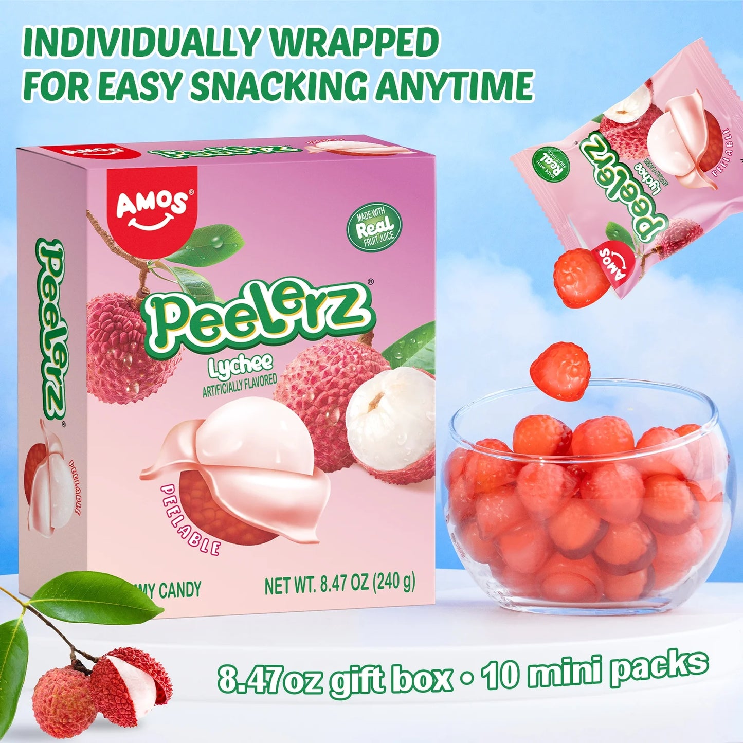 Amos Peelerz Gummy Soft & Chewy Shareable Pack, Lychee Flavor Peelable Gummy 8.47 oz (1 Pack)