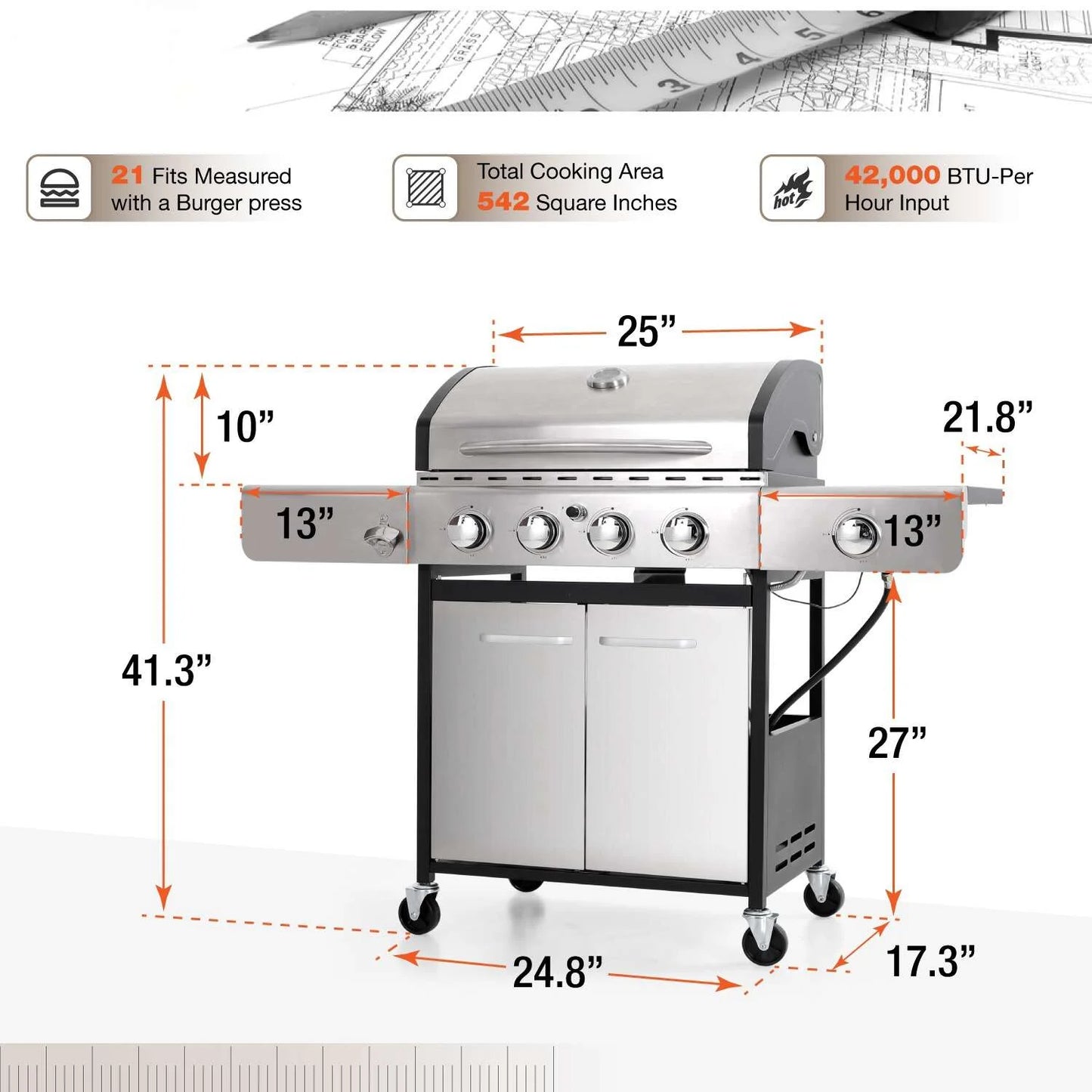Summit Living Parrilla de Gas Propano de 4 Quemadores con Quemador Lateral de Acero Inoxidable