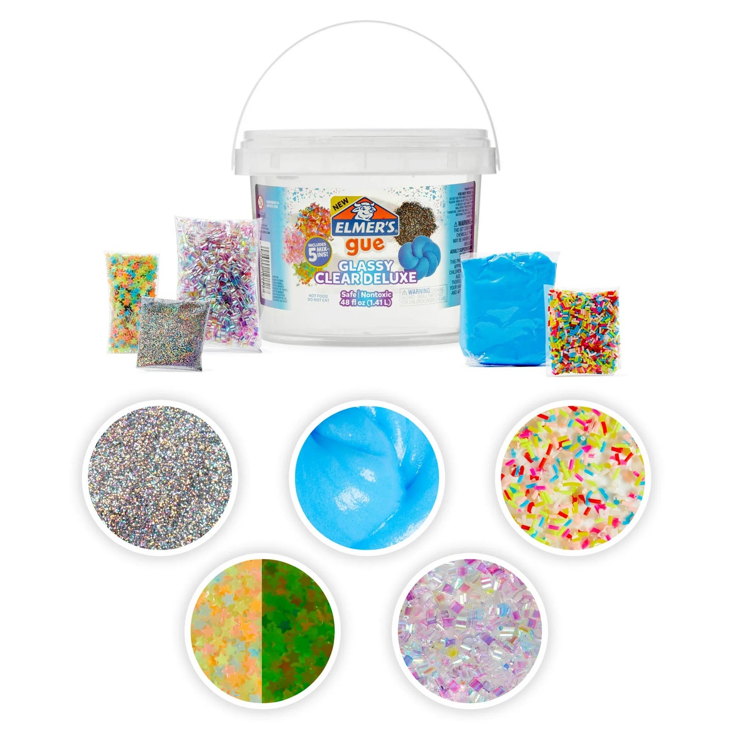 Elmer's Glue Slime Prehecho, Slime Claro y Vidrioso, Incluye 5 Juegos de Aditivos para Slime, Cubeta de 3 lb.