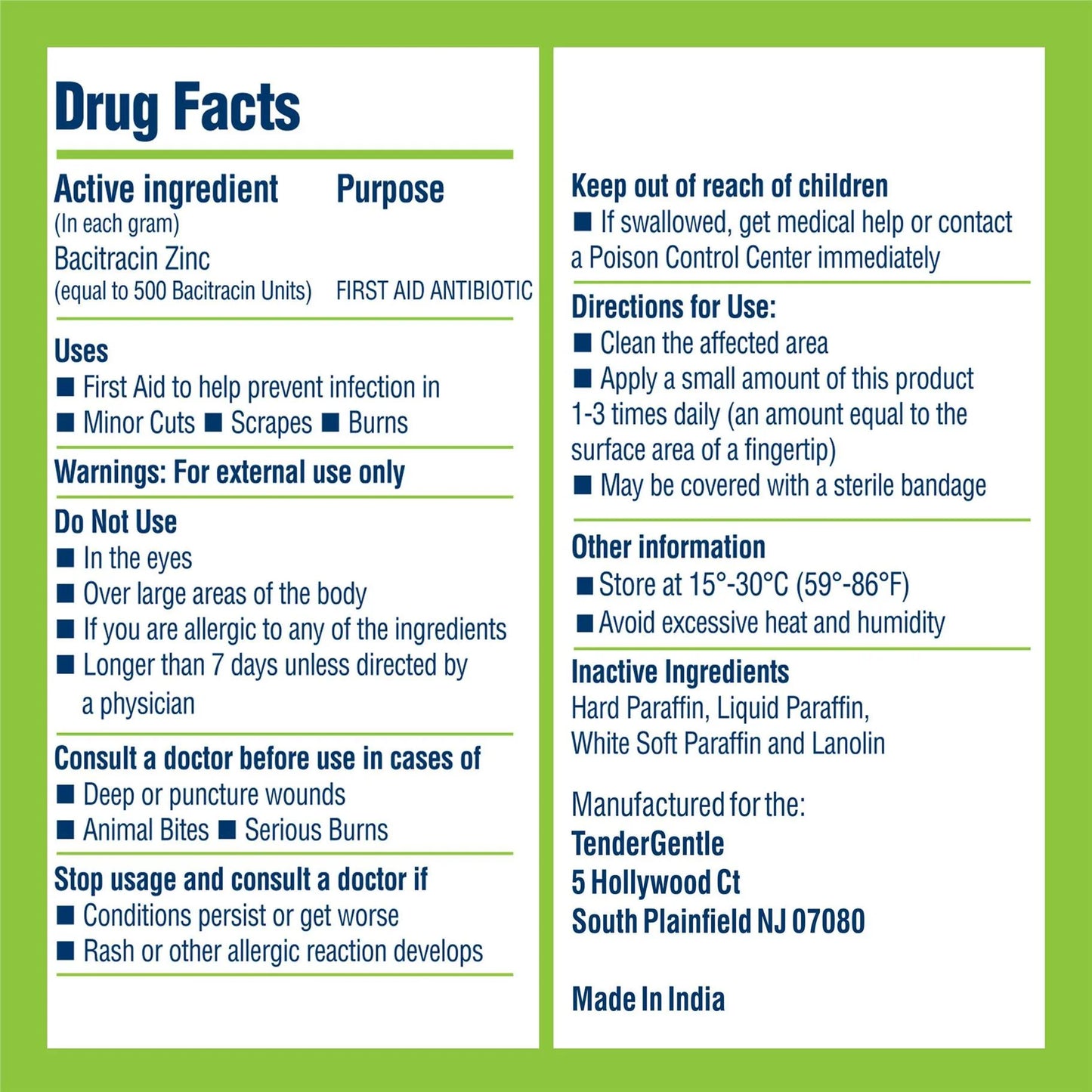 Tender Gentle Pomada Antibiótica de Bacitracina USP - Pomada de Primeros Auxilios Antibiótica Tópica de 1 oz - para Cortes, Raspaduras y Quemaduras Menores