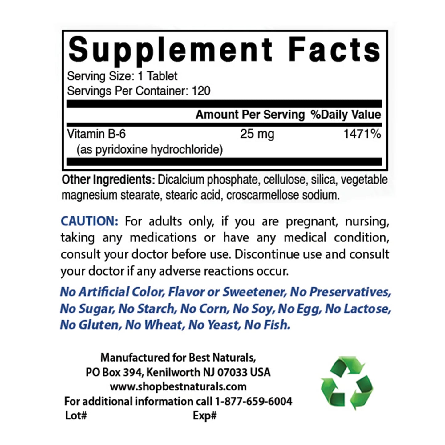 Best Naturals Vitamina B6 25mg 120 Comprimidos
