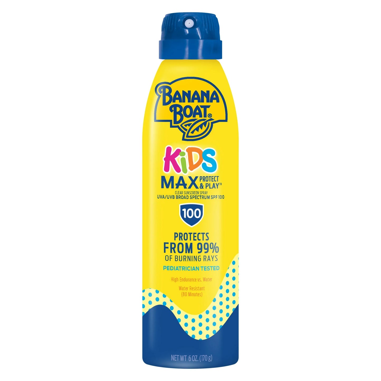 Banana Boat Kids Max Protege y Juega Spray de Protección Solar SPF 100, Protector Solar en Aerosol para Niños, Bloqueador Solar, 6 oz