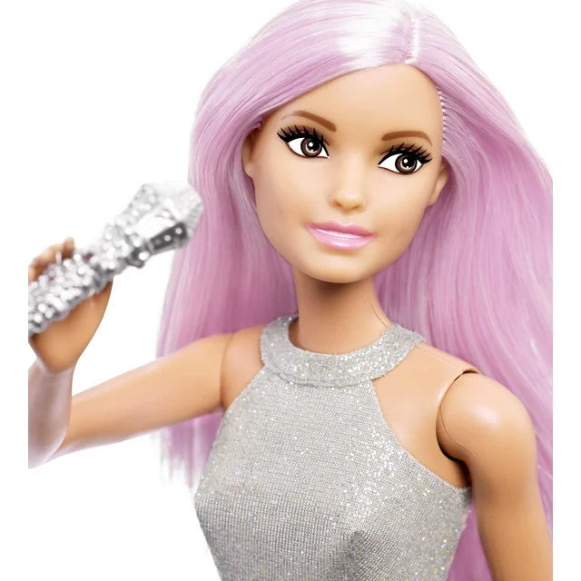 Barbie Muñeca de Moda Pop Star Vestida con una Falda Iridiscente con Cabello Rosa y Ojos Marrones