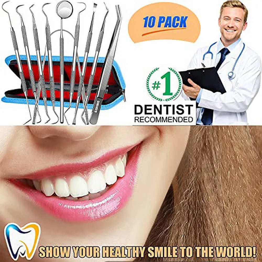 Dental Tools, 10 Pack Professional Plaque Remover Teeth Cleaning Tools Set, Stainless Steel Oral Care Hygiene Kit with Metal Plaque Cleaner, Tartar Scraper, Tooth Scaler, Tongue Scraper - with Case