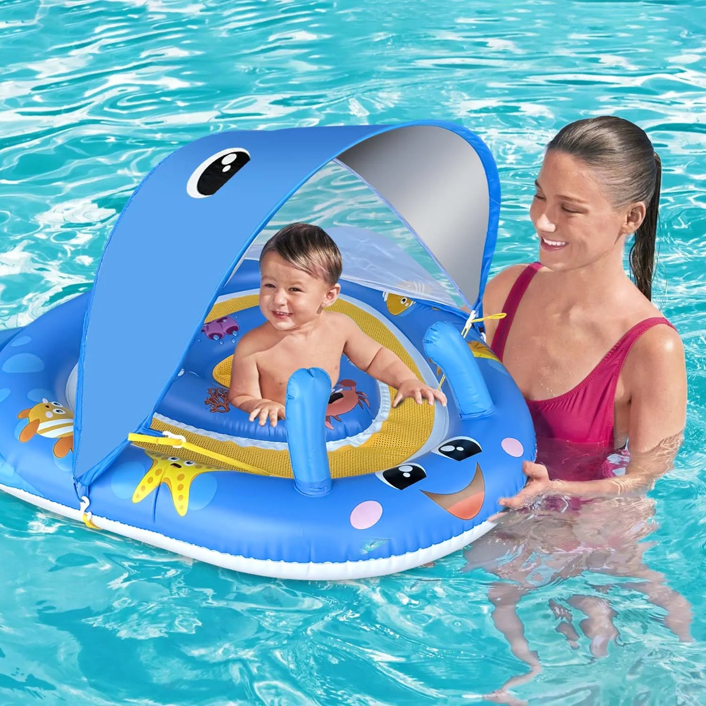 Ucradle Flotador de Piscina para Bebés con Dosel UPF50+ Protección Solar, Anillo de Natación Inflable para Bebés de 6 a 24 Meses con Asiento de Seguridad Ajustable