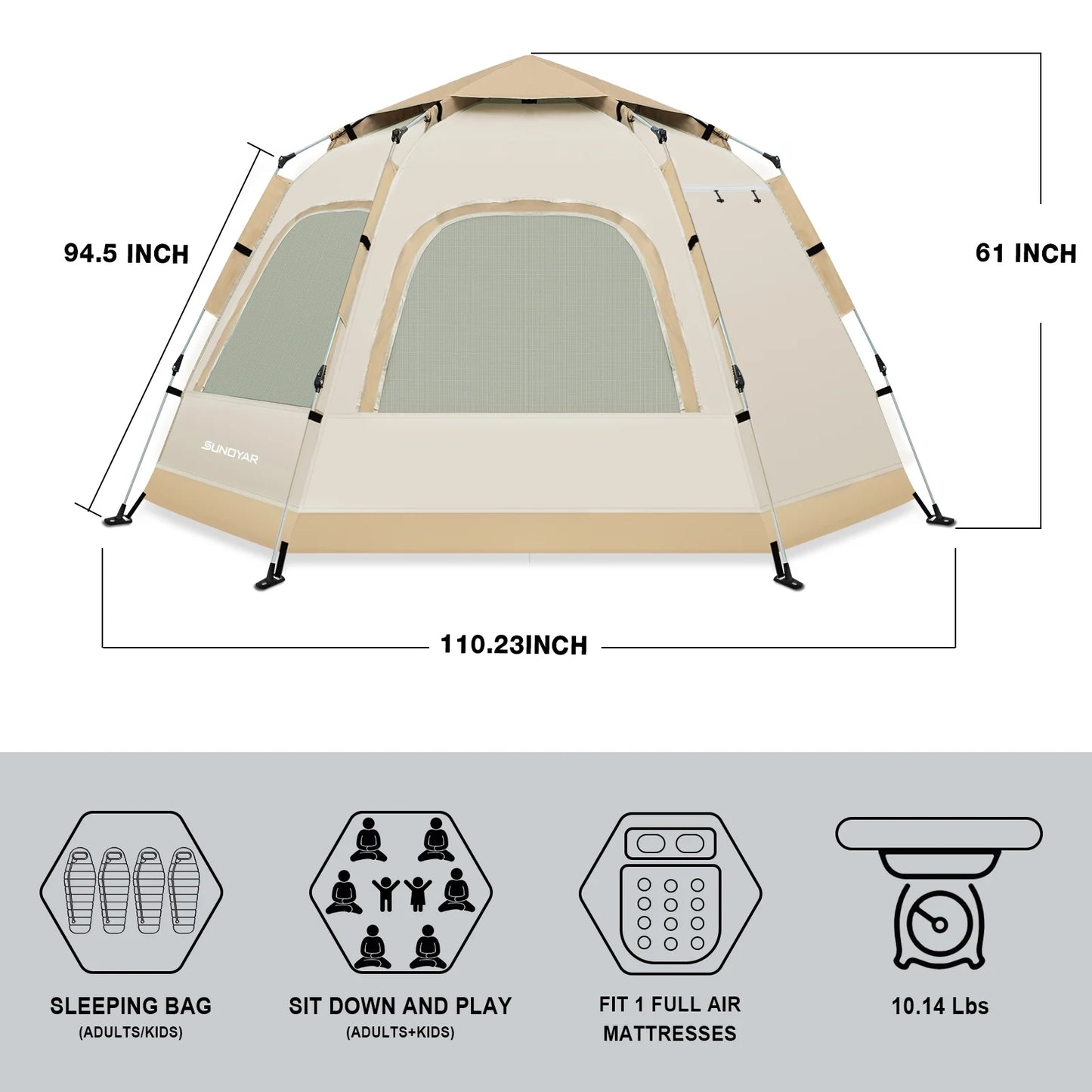 SUNOYAR Carpa para 6-8 Personas con Mosca de Lluvia Extraíble y Bolsa de Transporte, Resistente Al Agua, Fácil Instalación