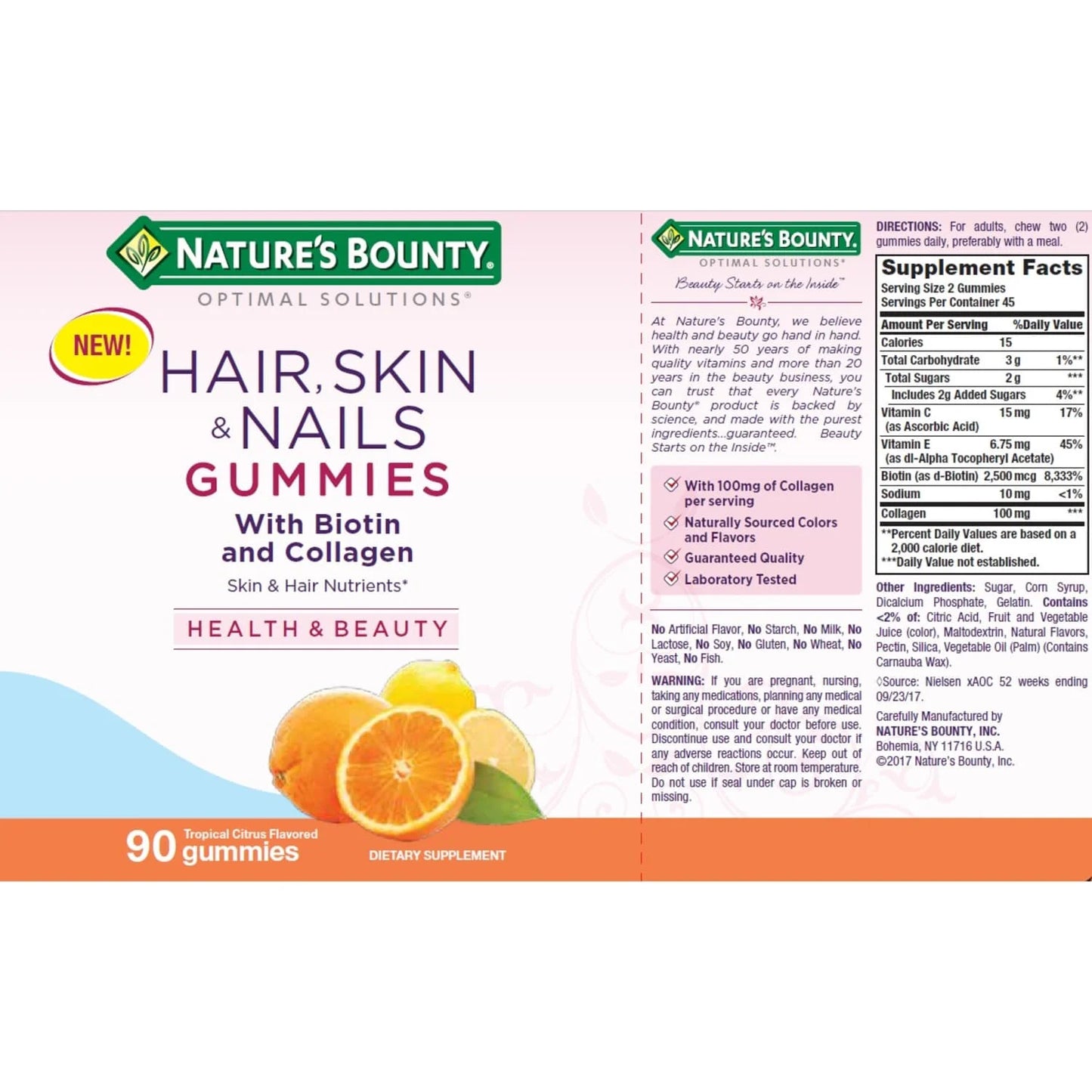 Vitamina para el cabello, la piel y las uñas Nature's Bounty con colágeno y biotina, multivitamínico para mujeres, gomitas de cítricos tropicales, 90 unidades