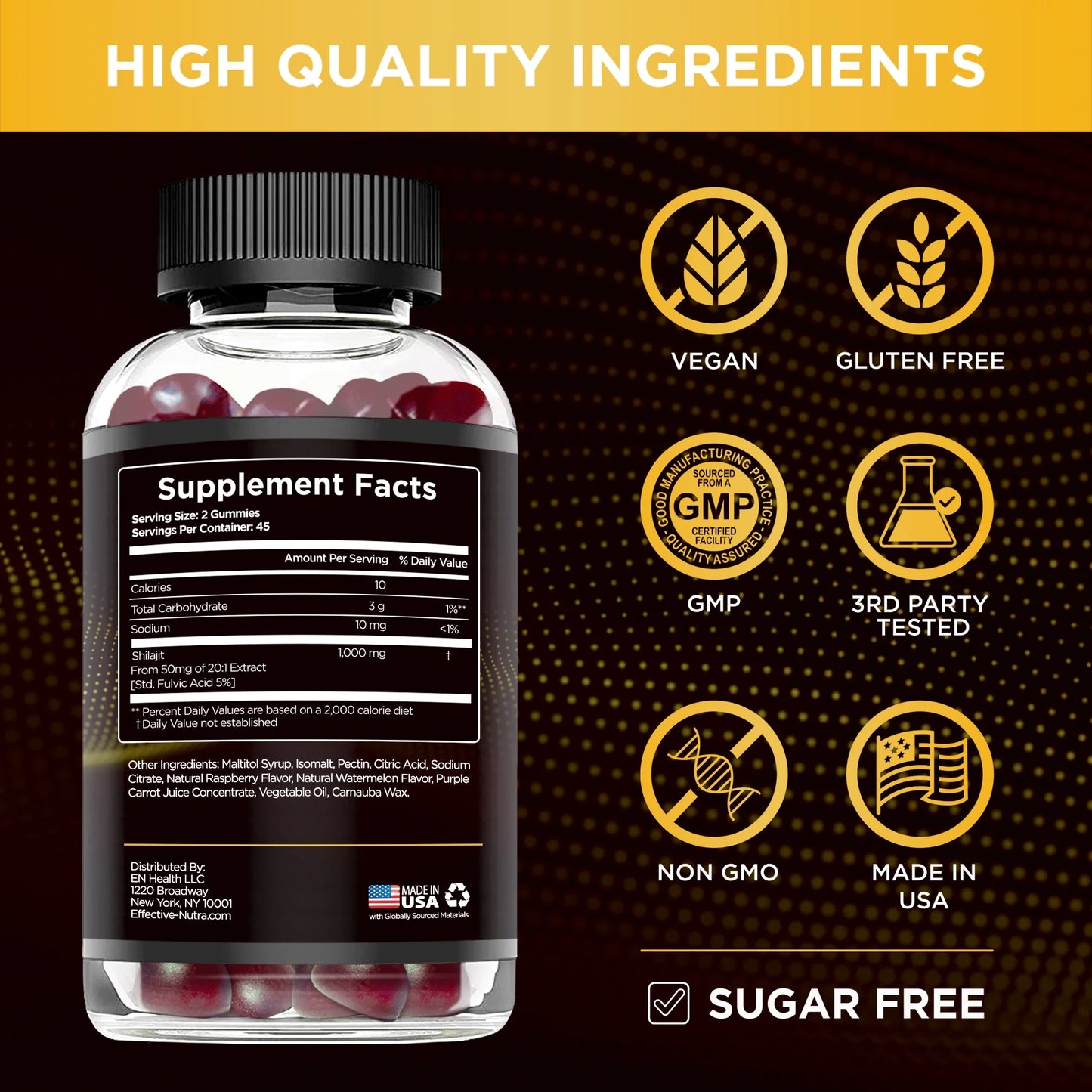 Effective Nutra Gomitas Shilajit 1000 Mg sin Azúcar - Suplemento de Shilajit para Energía, Cerebro, Inmunidad - Shilajit para Hombres y Mujeres - Sabor a Baya Natural (90 Uds)