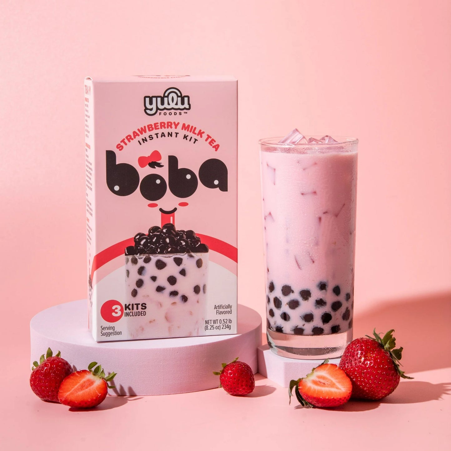 Yulu Té Instantáneo de Leche de Fresa Boba, Kit de Té de Burbujas, 3 Bebidas