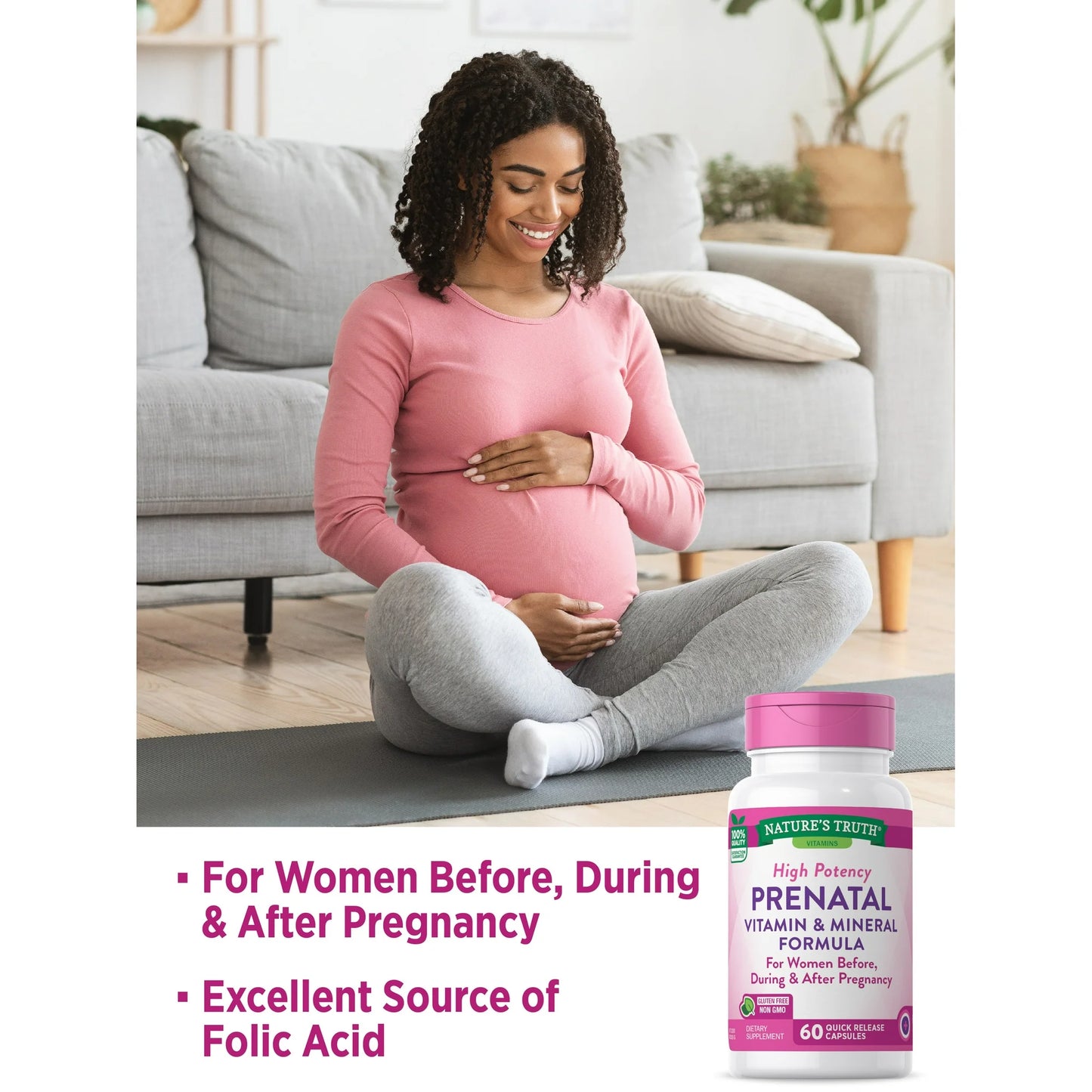 Vitaminas Prenatales con Ácido Fólico 60 Cápsulas sin OGM y sin Gluten por Nature's Truth