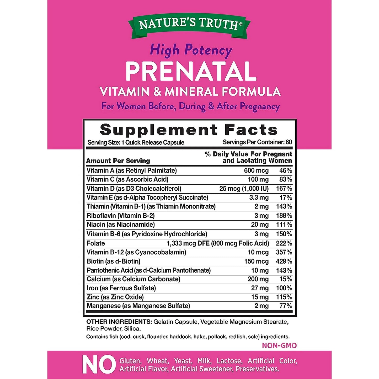 Vitaminas Prenatales con Ácido Fólico 60 Cápsulas sin OGM y sin Gluten por Nature's Truth