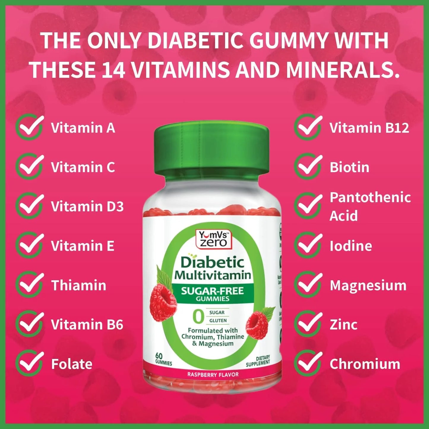 YumV's Zero Gomitas Multivitamínicas para Diabéticos sin Azúcar, Sabor Frambuesa