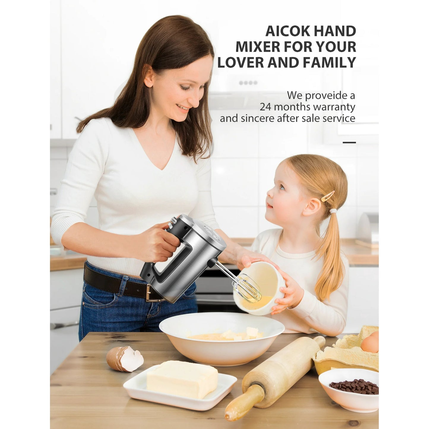Batidora de Mano de 6 Velocidades con Turbo Boost, Licuadora de Inmersión para Batir Alimentos, Batidores de Huevos Incluye 3 Accesorios, Plateado