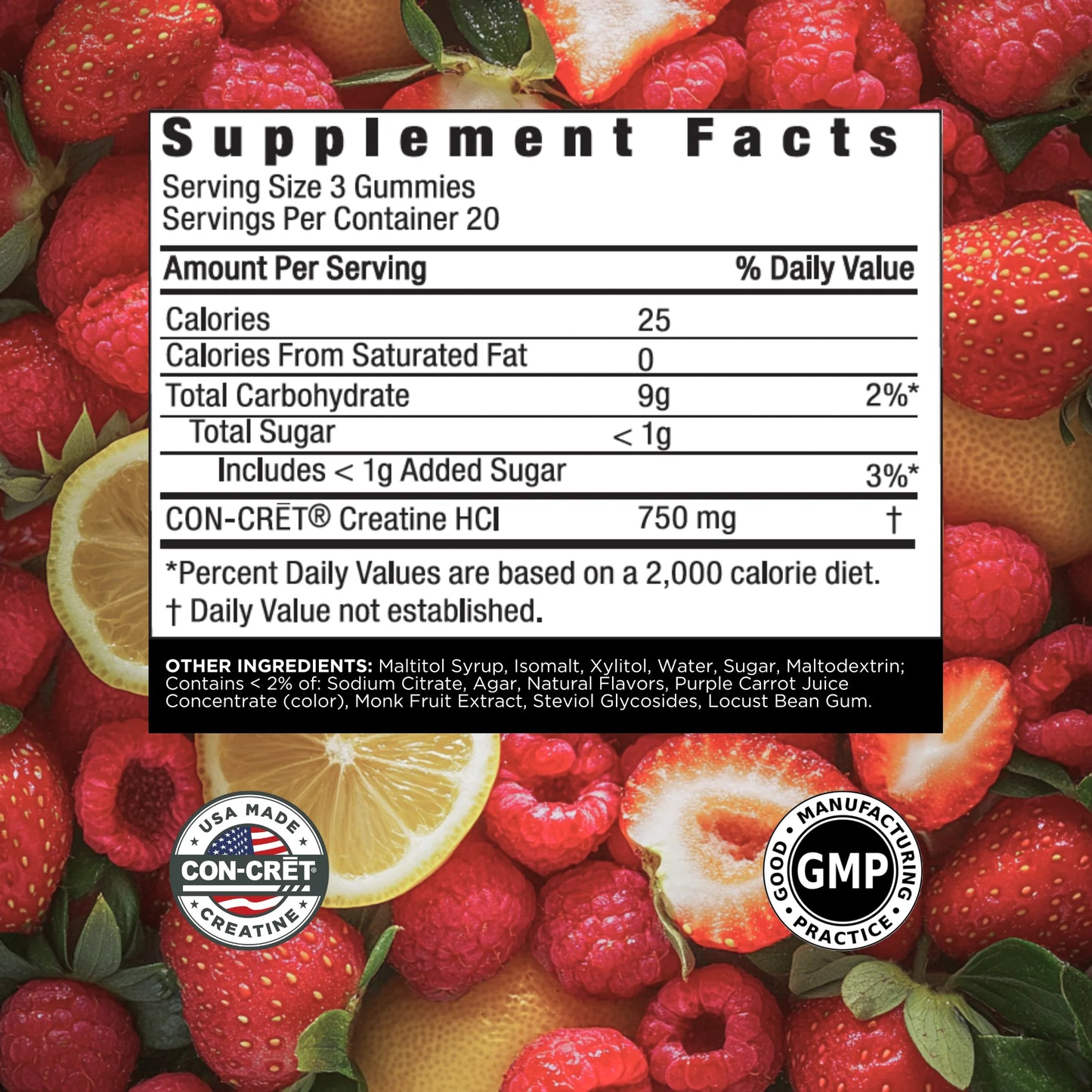 CON-CRET Concentrado Creatin Gummies, Sabor a Bayas, Apoya la Salud Muscular y Cerebral, 60 Unidades
