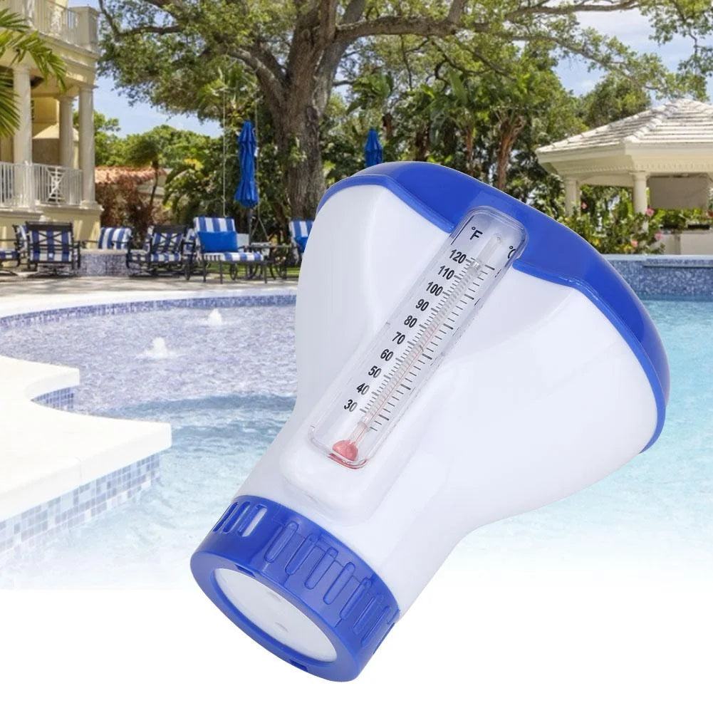 EBTOOLS Dispensador de Tabletas Flotante, Dispensador de Cloro Químico para Piscinas Flotantes con Soporte para Tabletas Termómetro, Dispensador de Tabletas Flotantes para Piscinas