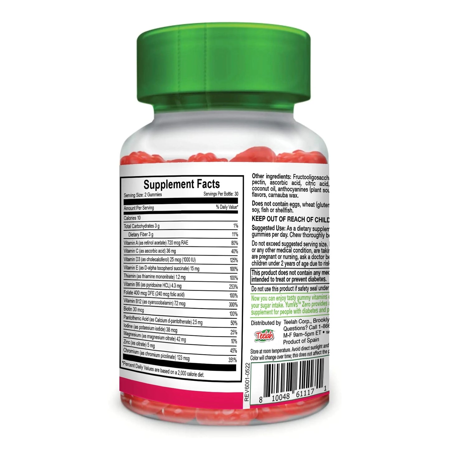 YumV's Zero Gomitas Multivitamínicas para Diabéticos sin Azúcar, Sabor Frambuesa