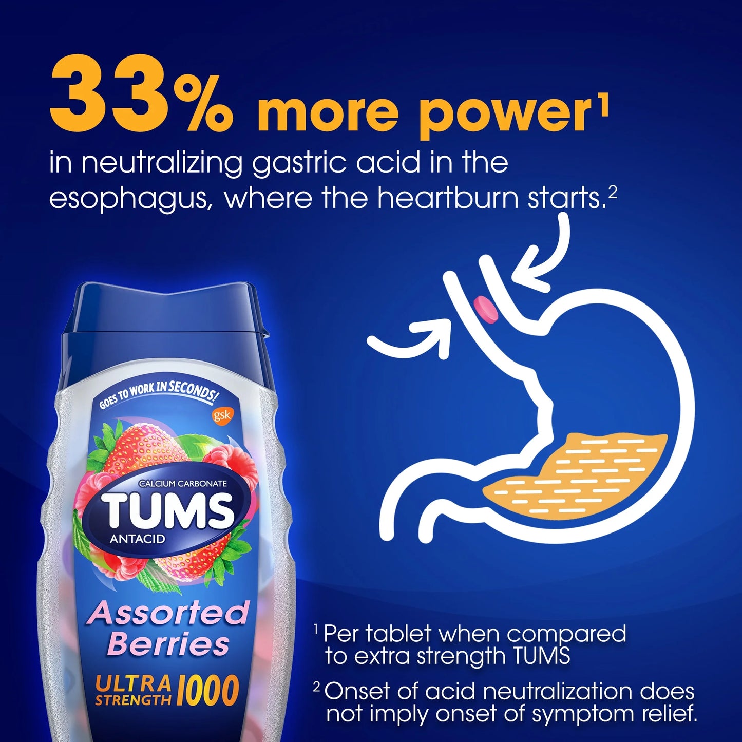 Tums Alivio de la Acidez Estomacal de Máxima Potencia Chewable Antacid Tablets, Bayas, 72 Unidades
