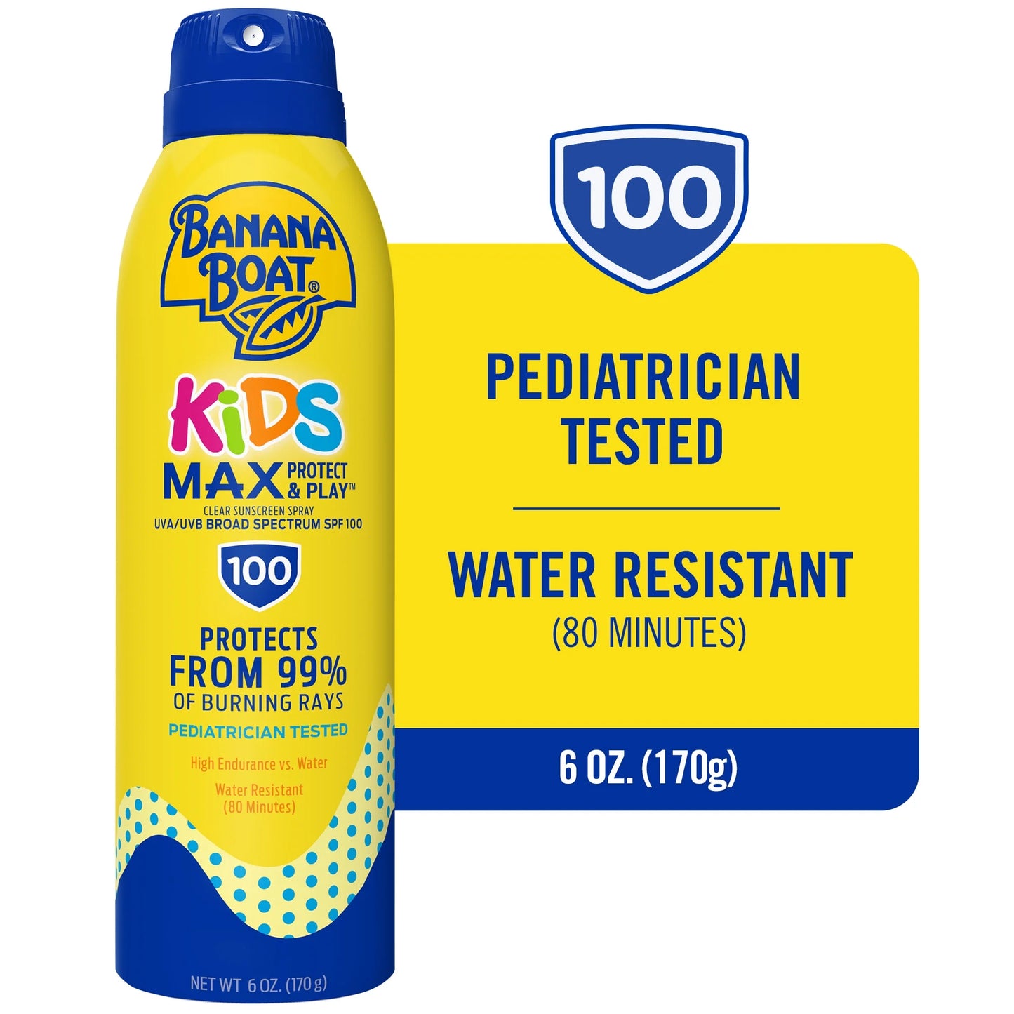 Banana Boat Kids Max Protege y Juega Spray de Protección Solar SPF 100, Protector Solar en Aerosol para Niños, Bloqueador Solar, 6 oz