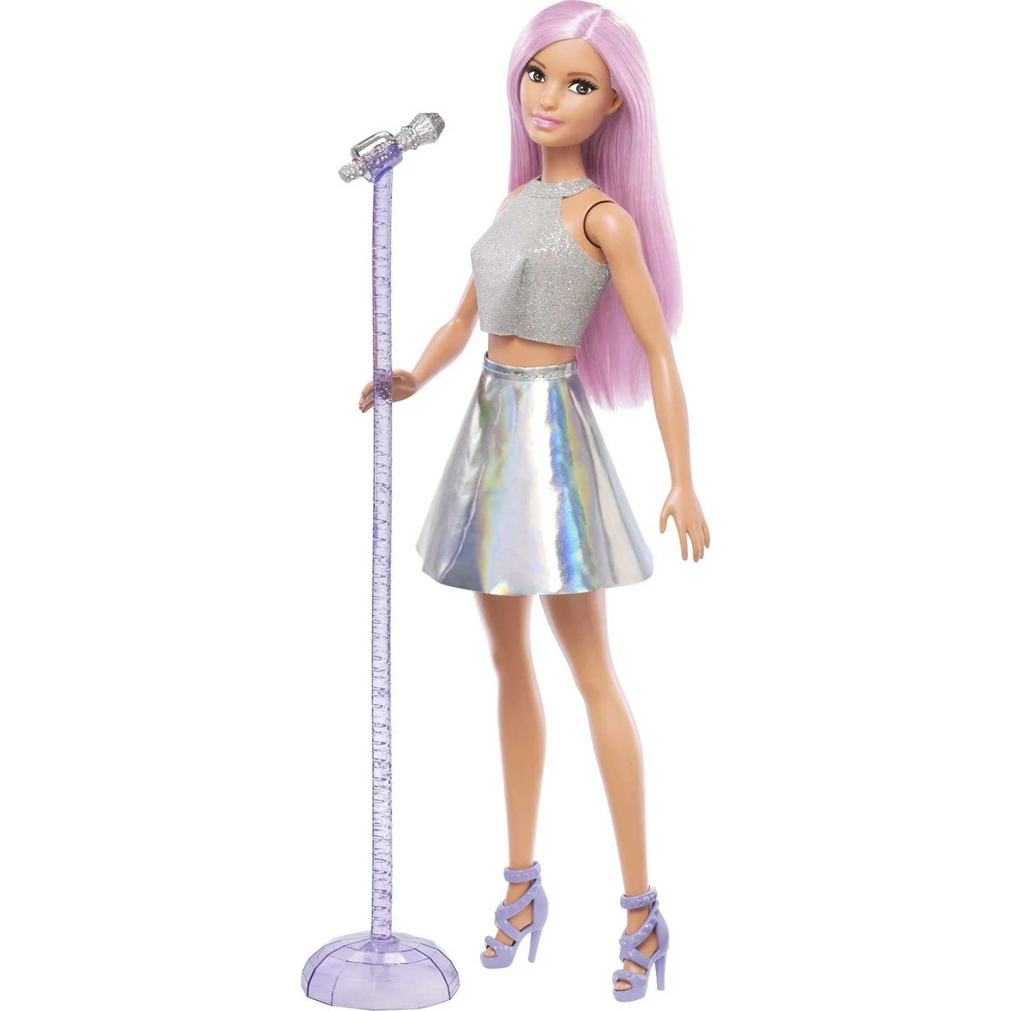 Barbie Muñeca de Moda Pop Star Vestida con una Falda Iridiscente con Cabello Rosa y Ojos Marrones