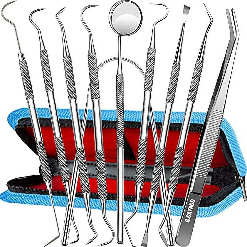 Dental Tools, 10 Pack Professional Plaque Remover Teeth Cleaning Tools Set, Stainless Steel Oral Care Hygiene Kit with Metal Plaque Cleaner, Tartar Scraper, Tooth Scaler, Tongue Scraper - with Case