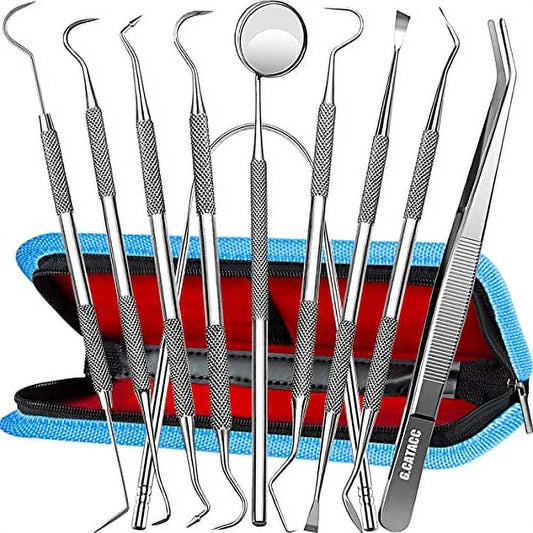 Dental Tools, 10 Pack Professional Plaque Remover Teeth Cleaning Tools Set, Stainless Steel Oral Care Hygiene Kit with Metal Plaque Cleaner, Tartar Scraper, Tooth Scaler, Tongue Scraper - with Case