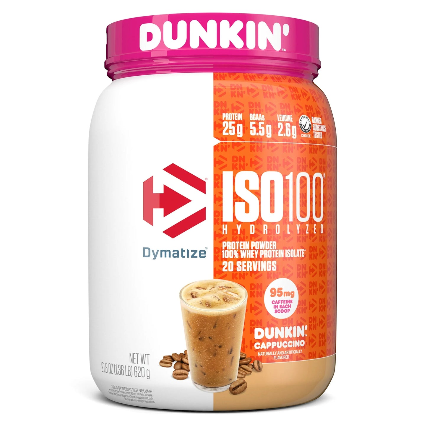 Dymatize ISO100 Hydrolyzed Proteína en Polvo Aislada de Suero, Dunkin' Cappuccino, 25g de Proteína, 20 Porciones