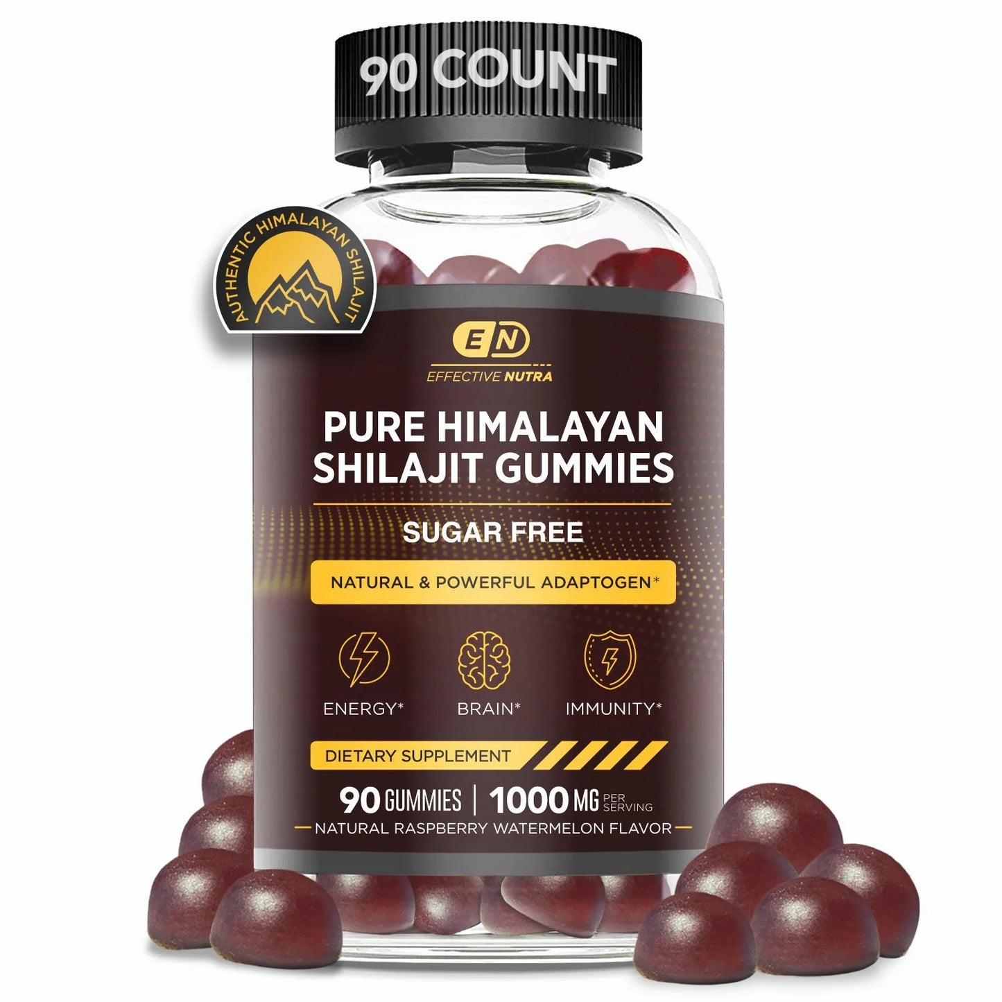 Effective Nutra Gomitas Shilajit 1000 Mg sin Azúcar - Suplemento de Shilajit para Energía, Cerebro, Inmunidad - Shilajit para Hombres y Mujeres - Sabor a Baya Natural (90 Uds)