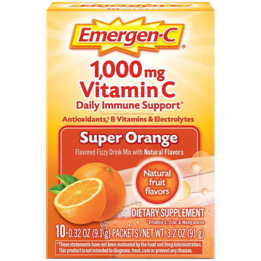 Emergen-C 1000 Mg de Vitamina C en Polvo para Apoyo Inmunológico Diario con Zinc y Manganeso, Súper Naranja - 10 Unidades