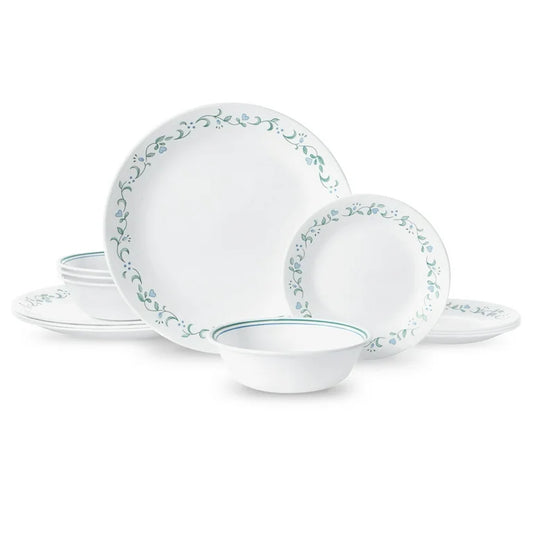 Corelle Juego de Vajilla Redonda de 12 Piezas en Color Blanco y Verde con Diseño de Casa de Campo