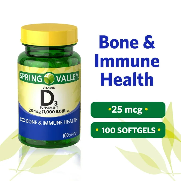 Spring Valley Vitamina D3 Cápsulas Blandas de Suplemento Dietético para la Salud Sea E Inmune, 25 Mcg, 100 Unidades