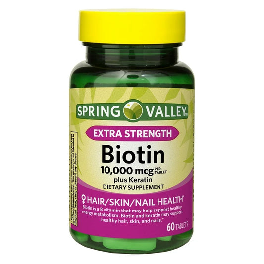 Spring Valley Suplemento Dietético en Comprimidos de Biotina Más Queratina de Potencia Extra 10 000 Mcg, 60 Unidades