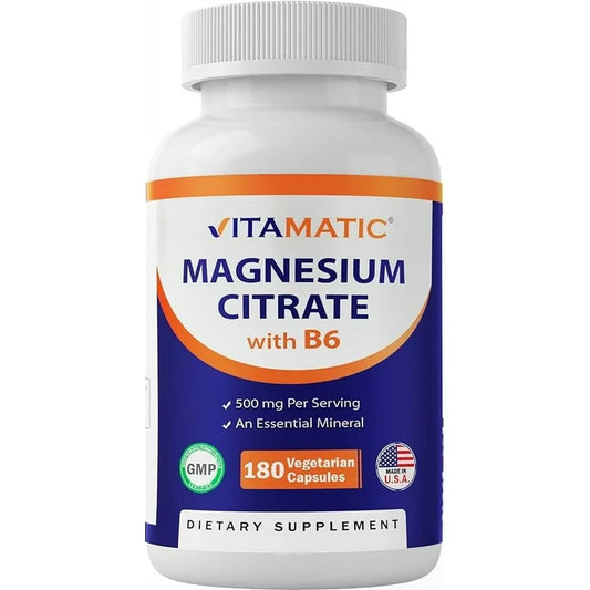 Citrato de Magnesio Vitamático 500 mg por Porción - 180 Cápsulas Vegetarianas (Proporciona 150 mg de Magnesio Elemental) - B6 Agregado para una Máxima Absorción - Apoya la Salud Muscular, Articular y Cardíaca