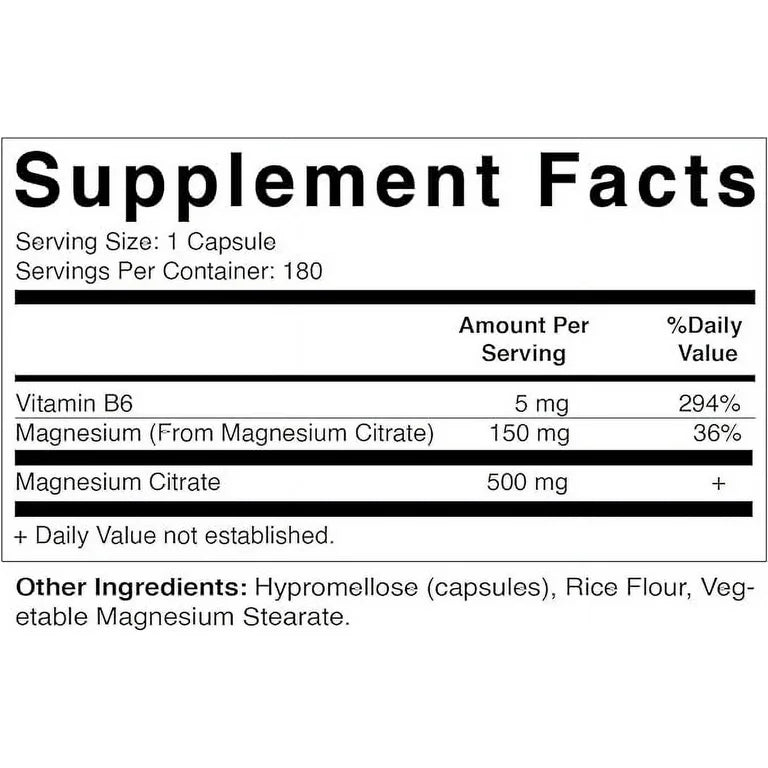 Citrato de Magnesio Vitamático 500 mg por Porción - 180 Cápsulas Vegetarianas (Proporciona 150 mg de Magnesio Elemental) - B6 Agregado para una Máxima Absorción - Apoya la Salud Muscular, Articular y Cardíaca