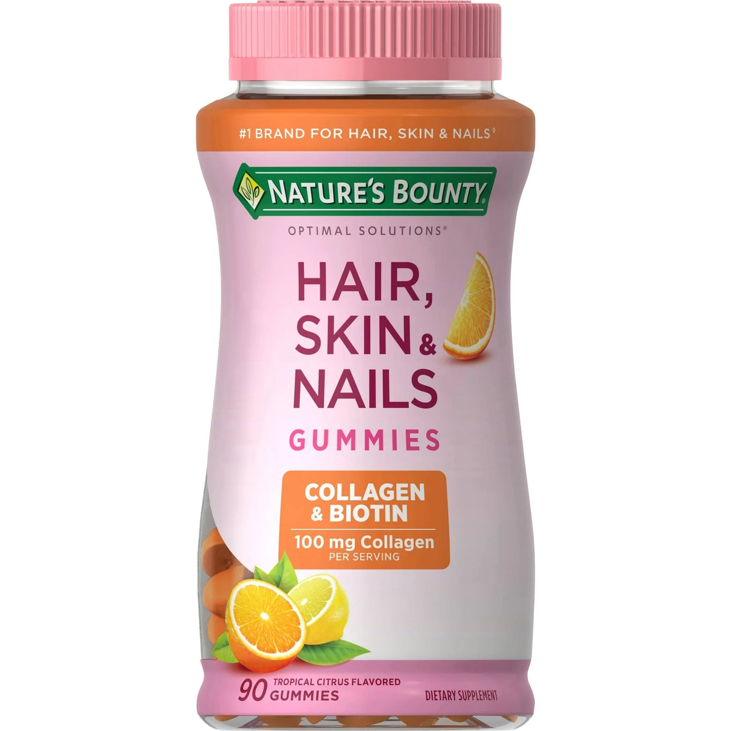 Vitamina para el cabello, la piel y las uñas Nature's Bounty con colágeno y biotina, multivitamínico para mujeres, gomitas de cítricos tropicales, 90 unidades