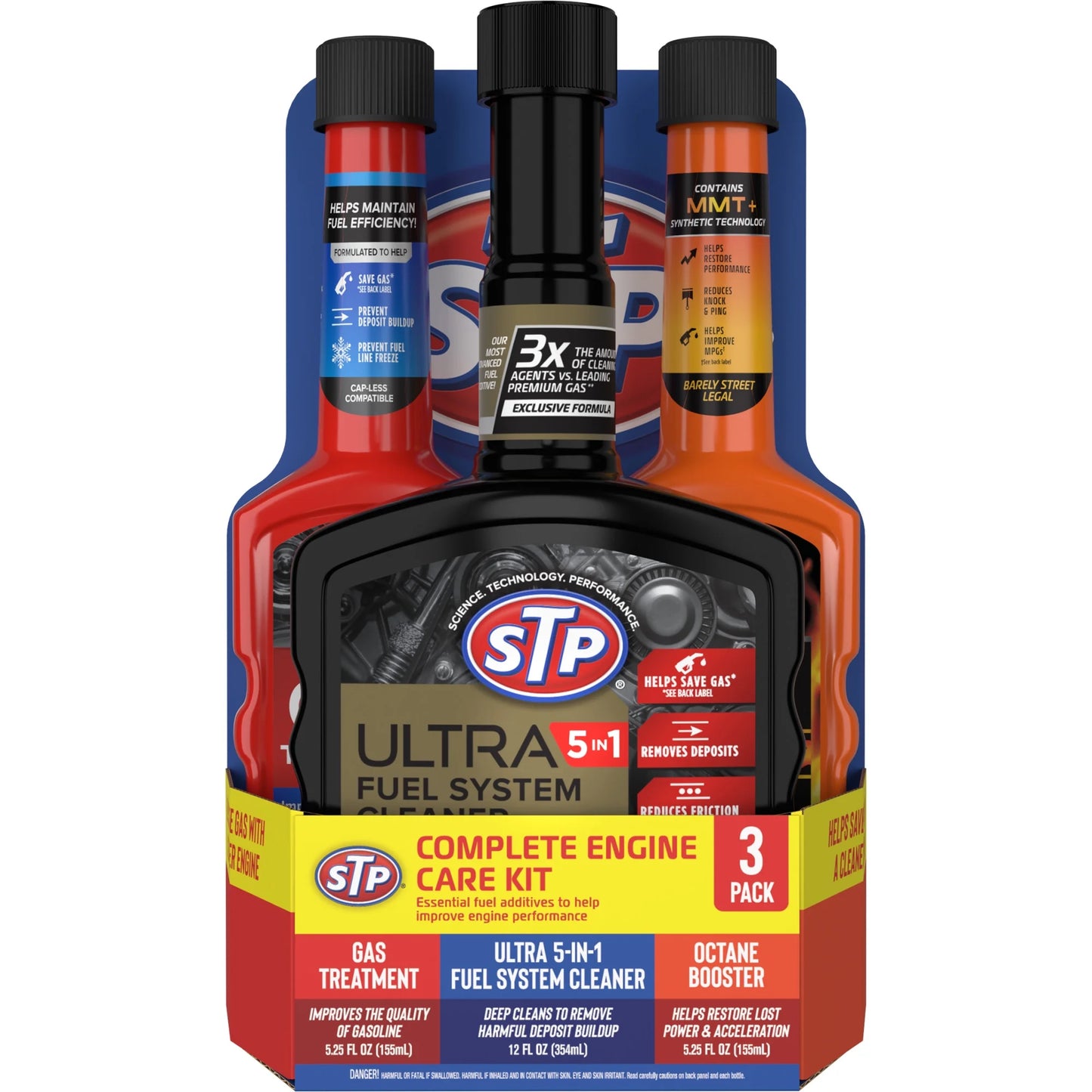 STP Complete Engine Care Kit With STP Gas Treatment (5.25 fl oz), STP Ultra 5-in-1 Fuel System Cleaner (12 fl oz), and STP Octane Booster (5.25 fl oz), 3 Pack of Essential Fuel Additives