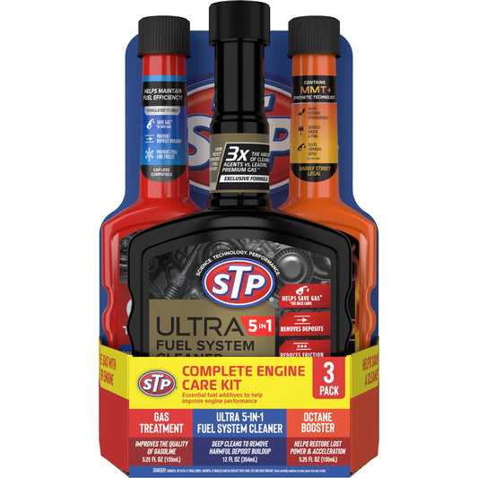 STP Complete Engine Care Kit With STP Gas Treatment (5.25 fl oz), STP Ultra 5-in-1 Fuel System Cleaner (12 fl oz), and STP Octane Booster (5.25 fl oz), 3 Pack of Essential Fuel Additives