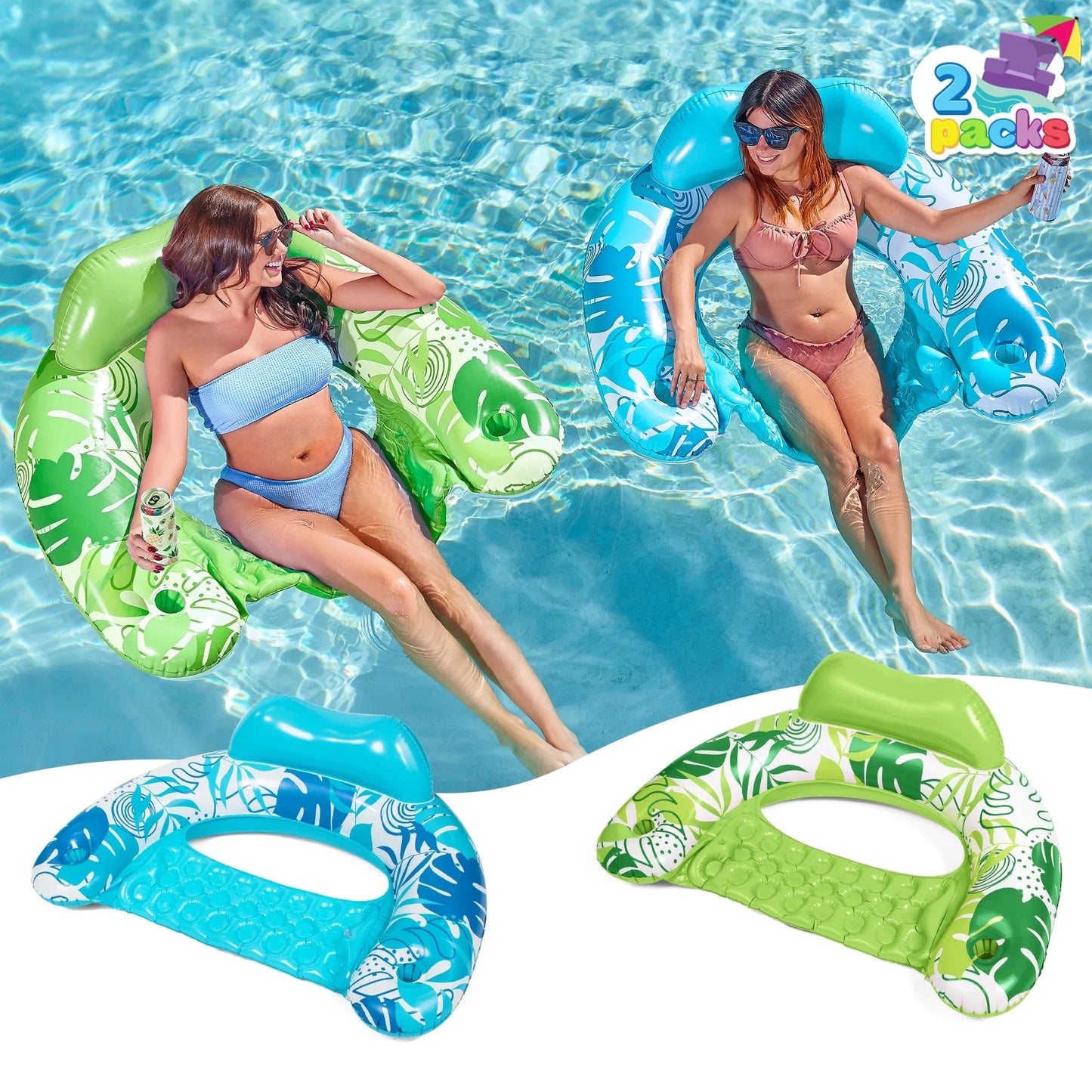 SYNCFUN Flotadores Inflables para Piscina para Adultos, 2 Packs de Flotador para Silla de Piscina con 2 Portavasos, Tumbonas de Piscina para Piscina, Lago, Viaje, Playa