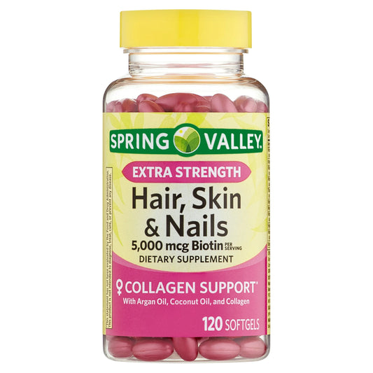 Spring Valley Suplemento Dietético para Cabello, Piel y Uñas Cápsulas de Gel, 5000 Mcg, 120 Unidades
