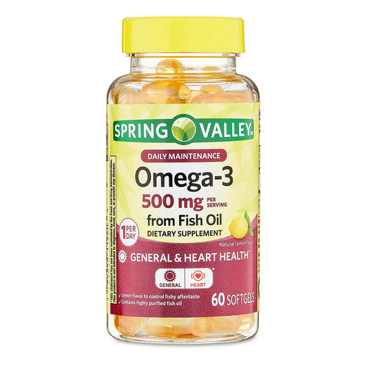 Spring Valley Aceite de Pescado Omega-3 en Cápsulas Blandas y Suplemento Dietético de Heart Health, 500 mg, 60 Unidades