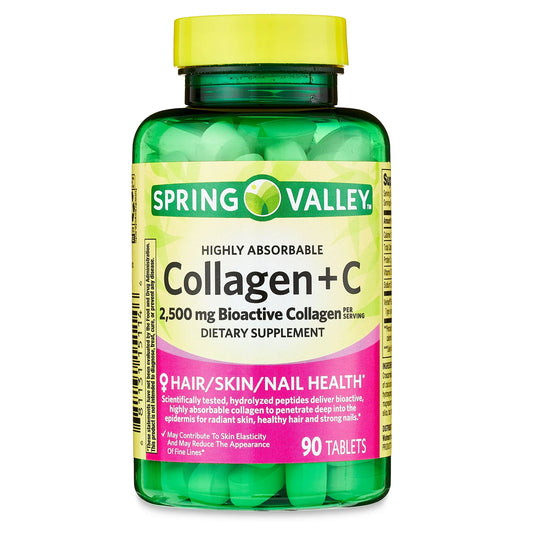 Spring Valley Tabletas de Colágeno Altamente Absorbibles + C para la Salud Del Cabello/piel/uña, 2,500 mg, 90 Unidades