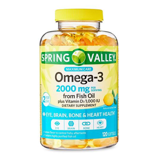 Spring Valley Máximo Cuidado Omega-3 de Aceite de Pescado Ojo Hueso Cerebral y Corazón Salud Suplemento Dietético Softgels, 2000 mg, 120 Contar