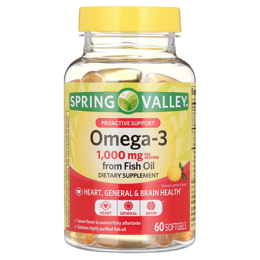 Aceite de pescado Omega-3 de Spring Valley, para la salud del corazón y el cerebro, suplemento dietético en cápsulas blandas, 1000 mg, 60 unidades